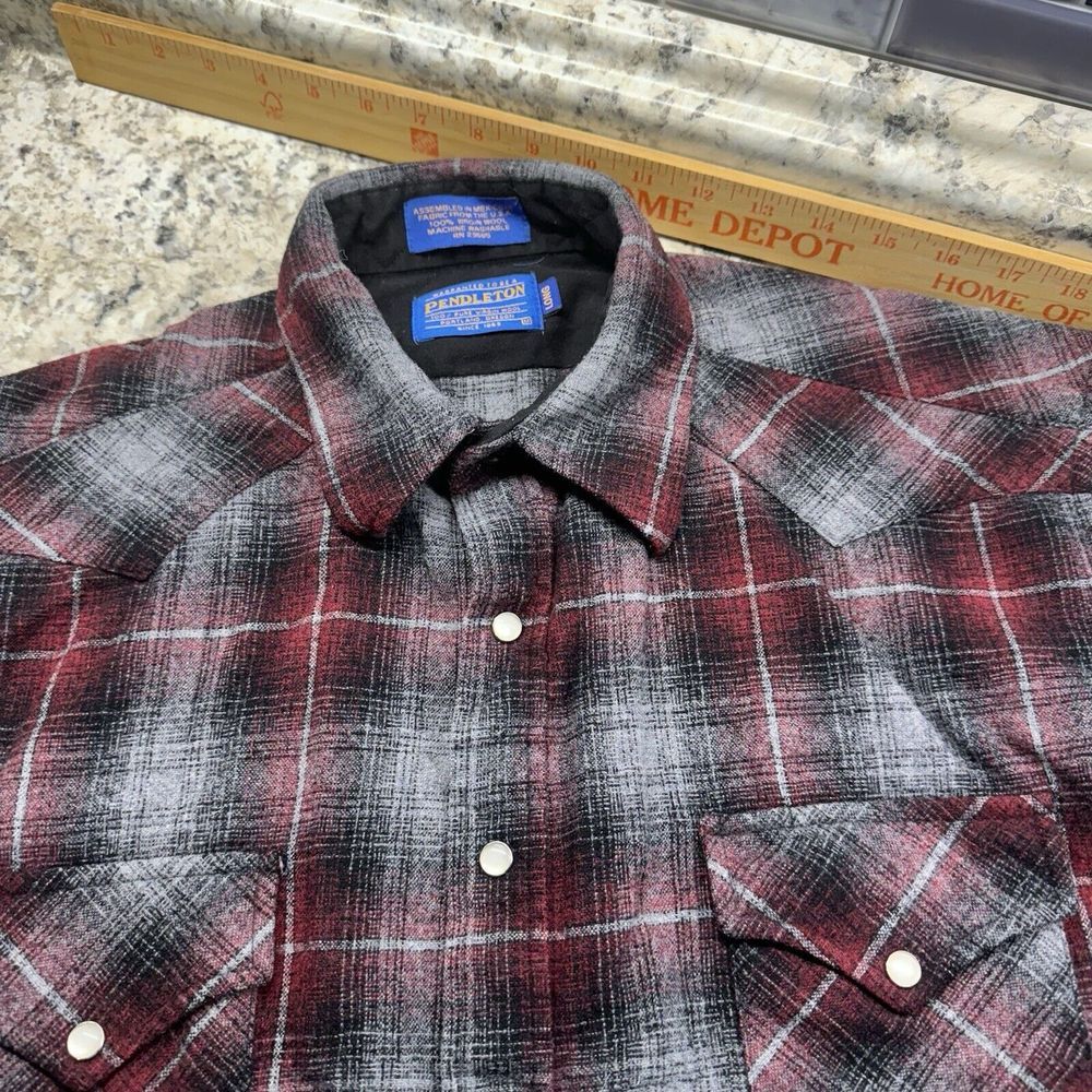 Pendleton Red Plaid Wool Flannel Pearl Snap Western Long Sleeve Size Medium Long